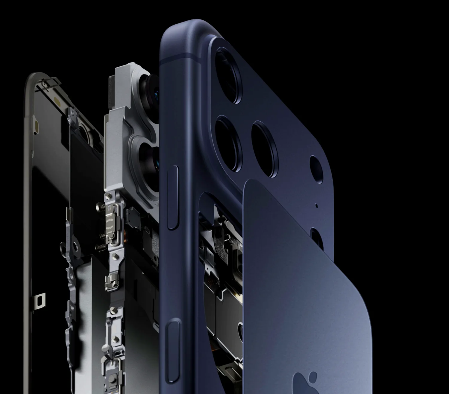 iPhone 17 Pro aberto em camadas: vidro, painel, estrutura interna, módulo de câmeras e chassi